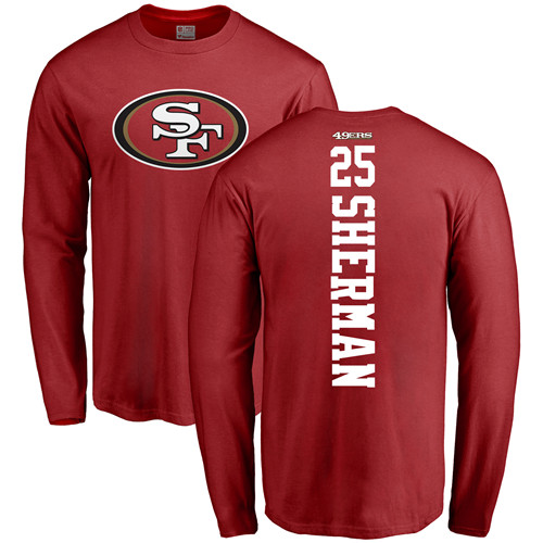 Men San Francisco 49ers Red Richard Sherman Backer #25 Long Sleeve NFL T Shirt->san francisco 49ers->NFL Jersey